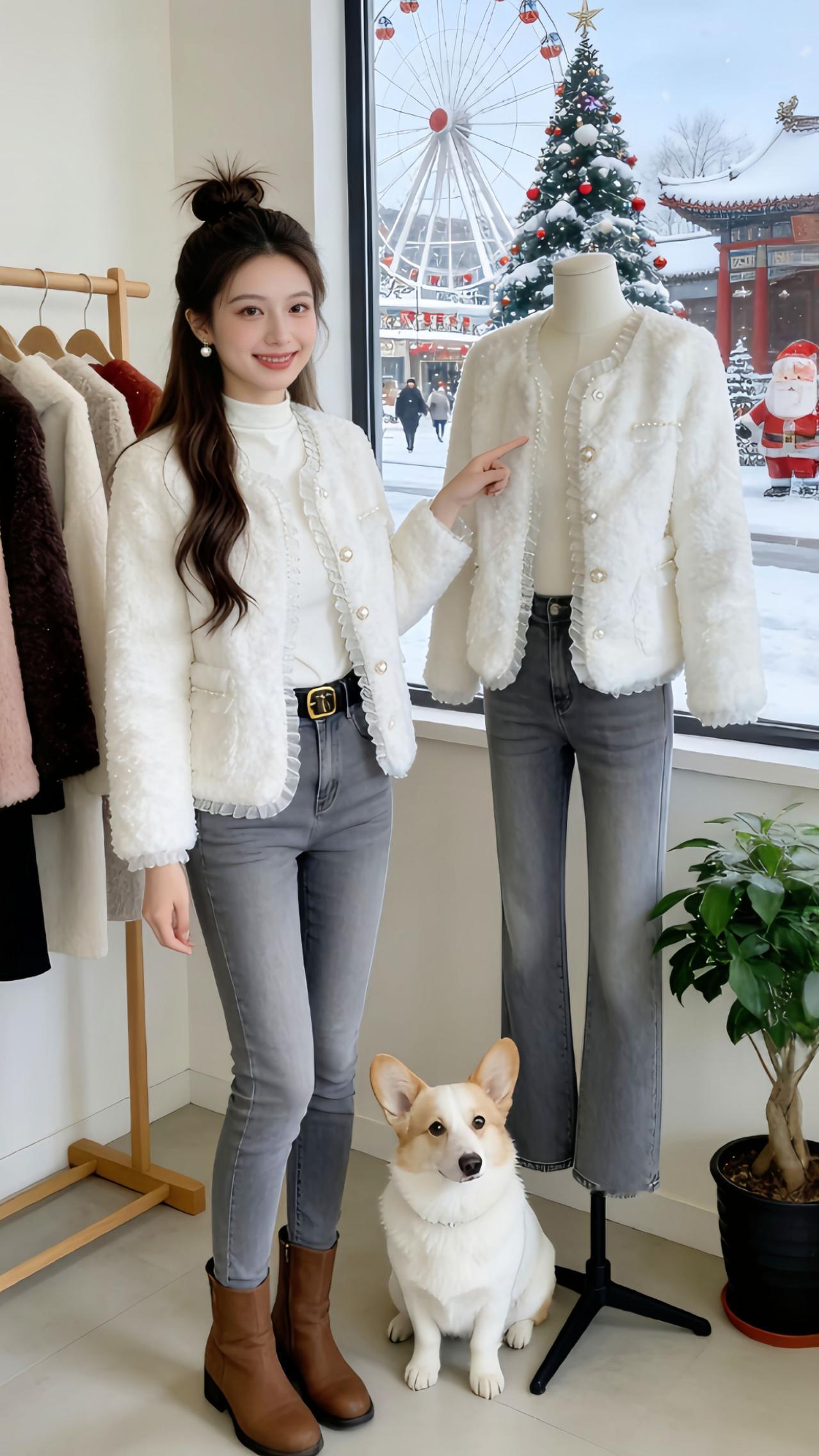 Danny这波冬日穿搭也太戳审美了！奶fufu的珍珠木耳边毛绒外套，搭白高领+灰