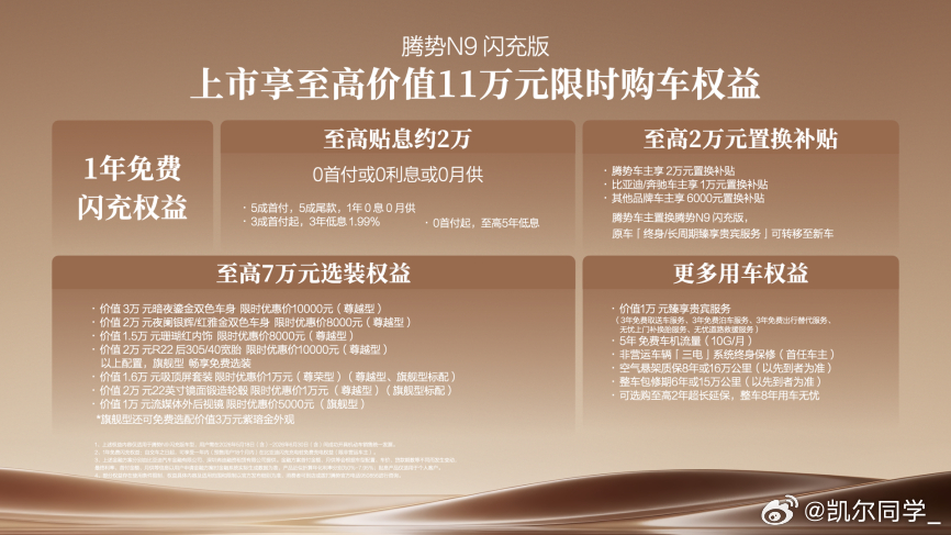 腾势N9闪充版上市，40.98万起。同时王力宏力挺腾势，成为第50万辆腾势车主，
