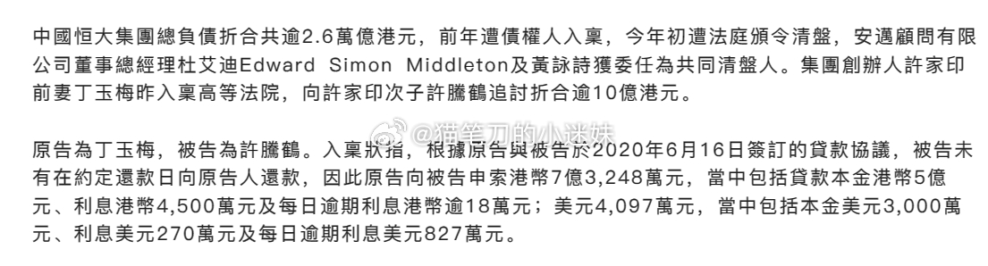 许家印前妻丁玉梅入禀高等法院，向许家印次子许腾鹤追讨折合逾10亿港元。 ​​​