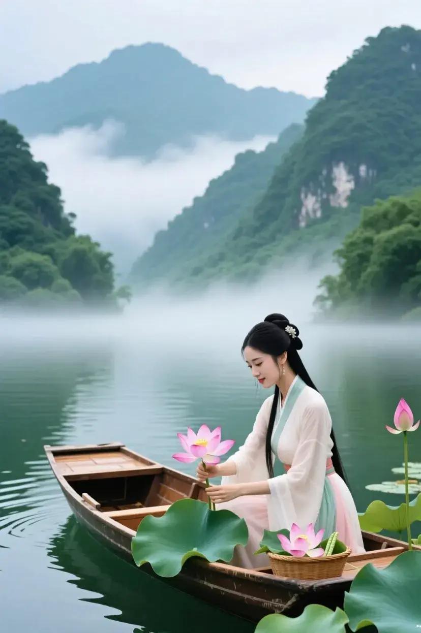 晨雾轻轻裹住青山，湖面像铺了层薄纱，一叶小木船缓缓划过，船上沾满晶莹露水，几朵刚