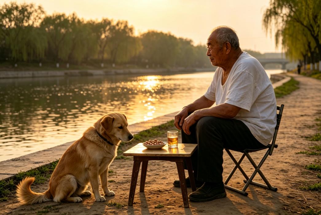 傍晚骑车子从孝妇河边过，看见一个老爷子坐马扎上，面前摆个小方桌，一碟花生米，半杯