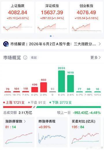 【创业板指又大涨了 CPO、光纤概念股涨幅居前】A股 6月2日，A股主要指数涨幅