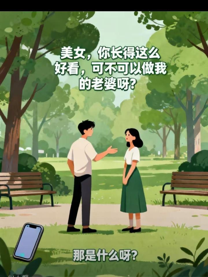 一名女子正在公园里拍照玩手机，一名陌生男子直接上前搭讪，开口就让对方做自己老婆，
