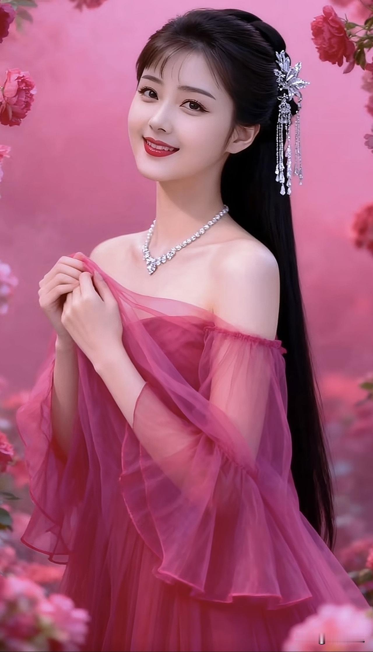 粉衣美人倚花笑，玉簪轻挽发如瀑。粉裙花畔照 紫裙倚坐 古典红裙少女 紫裙倚坐 簪