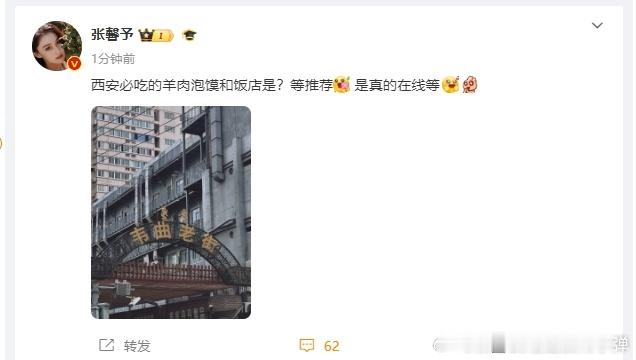#张馨予在线问网友西安必吃饭店##张馨予在线等推荐羊肉泡馍# 张馨予对西安必吃饭