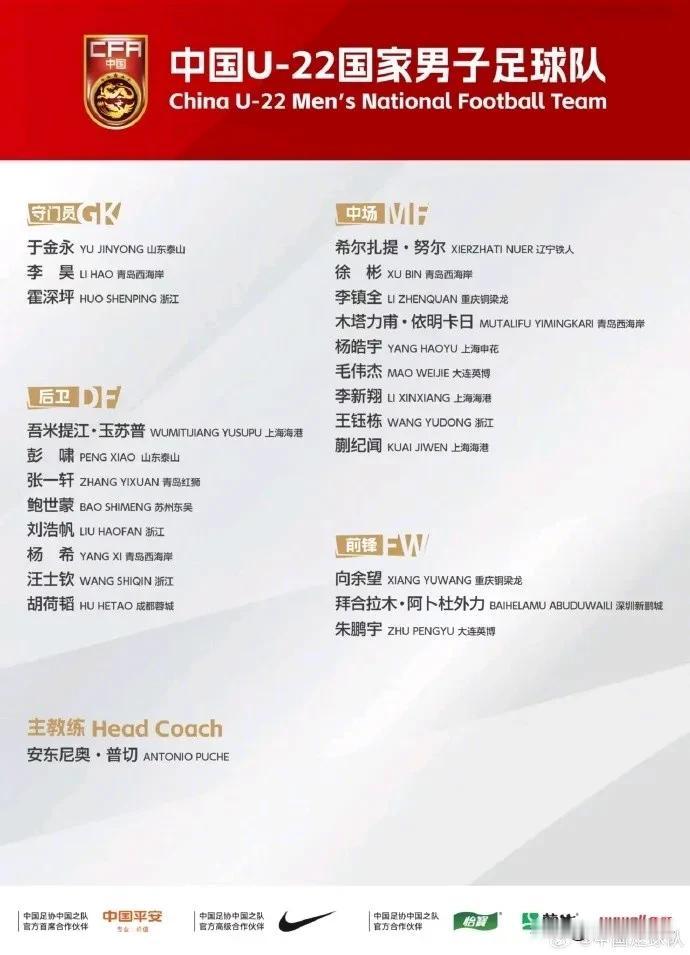 这个阵容算是未来国家队的主力框架了吧？！

昨天，足协公布了U22大名单！不仅有