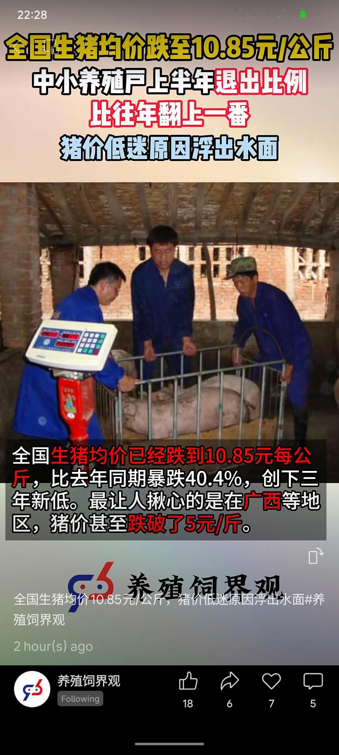 当前生猪价格跌至10.85元/公斤，同比暴跌超40%，部分地区甚至跌破5元/斤。