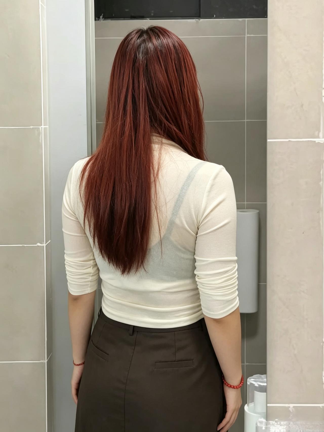 赤发垂云背，轻衫隐素痕。
身姿温婉立，静处自生温。
