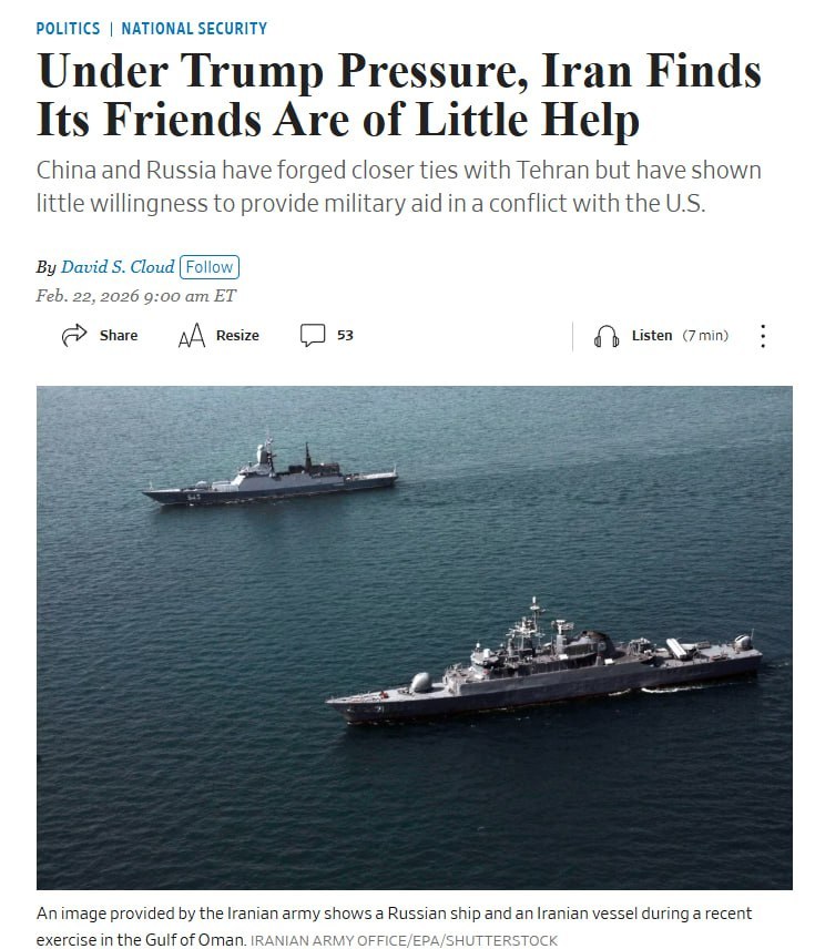 华尔街日报报道，伊朗一直致力于加强与中俄的军事合作，但面对美国数十年来最严峻的威