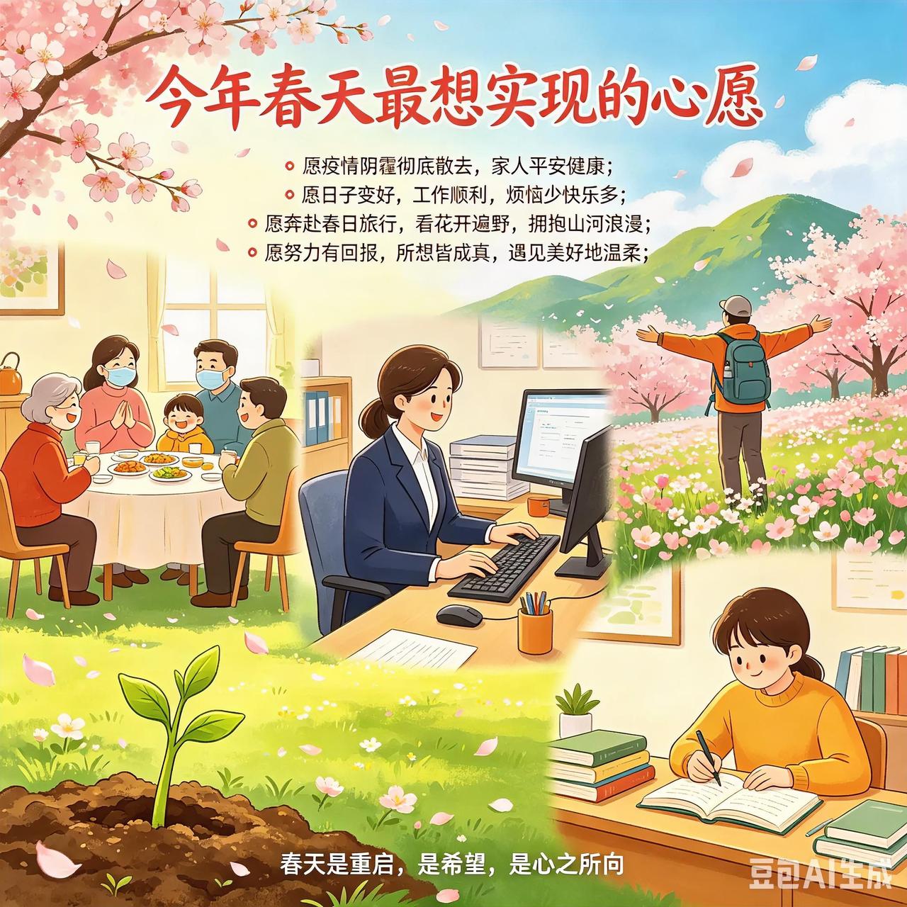 春风拂面，万物新生，心里藏着最温柔的期盼✨
 
愿疫情阴霾彻底散去，身边家人平安