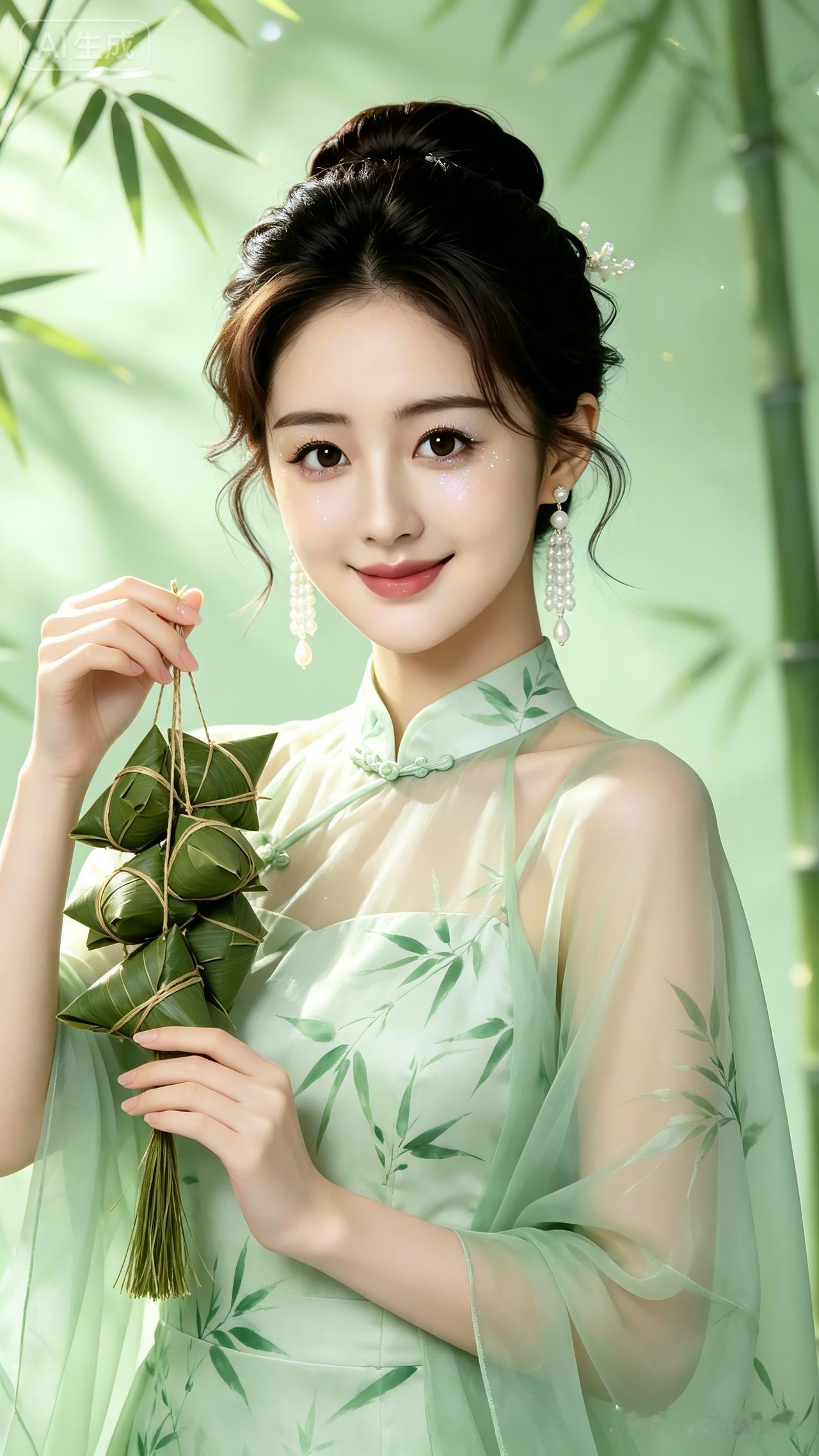 竹林中的清雅女子，手持竹叶，温柔动人。