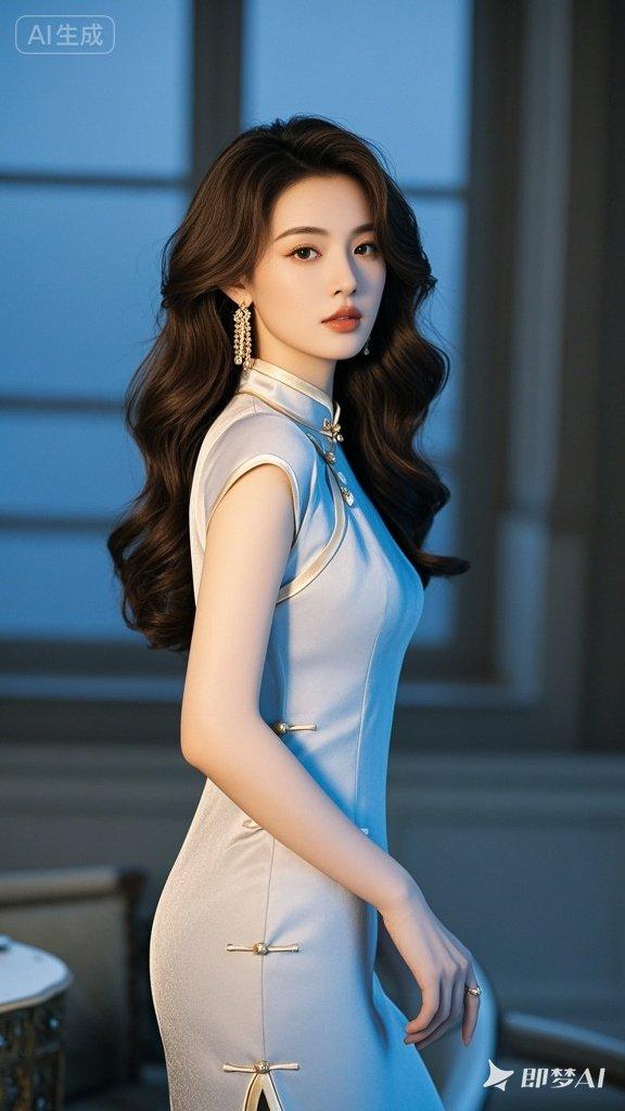 五官精致美，端庄大方，中长发、烫发、衣服简洁气质温婉，一看就是富家千金，高清，蓝