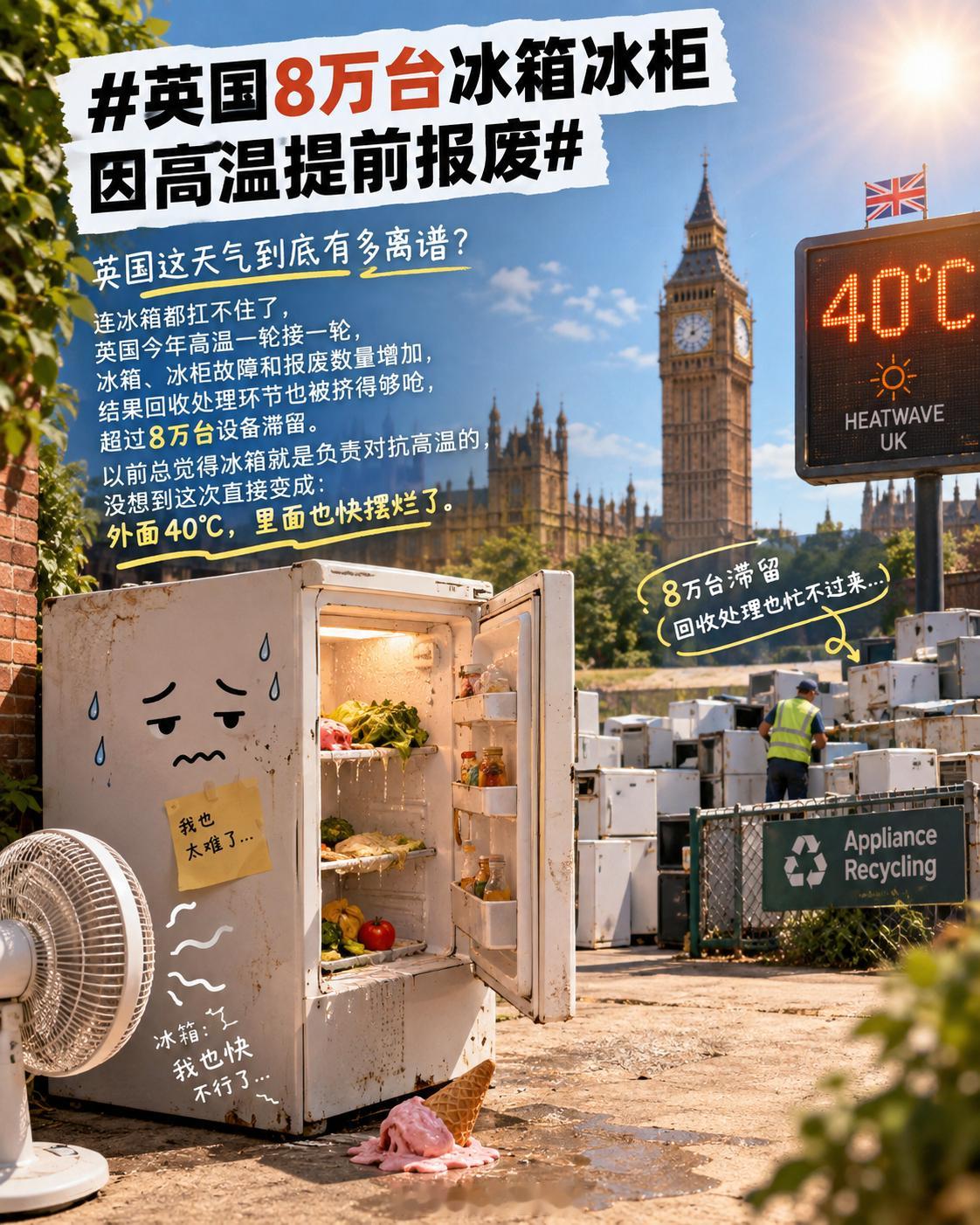 英国8万台冰箱冰柜因高温提前报废英国这天气到底有多离谱？连冰箱都扛不住了，英国今