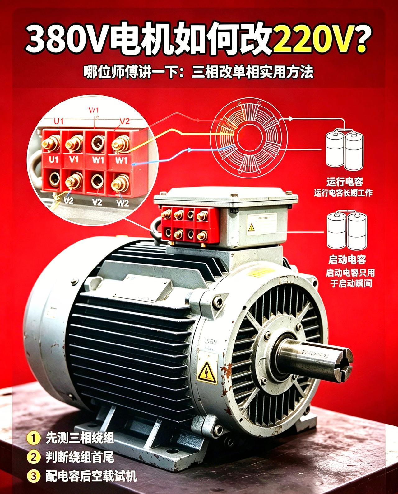 师傅讲一下，380V的电机如何改220V？
 
三相电机改单相运行，先分清三相绕