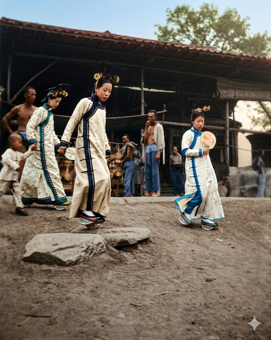 清末民初，北京城郊，三位满族旗人女子郊野闲行，一身老式旗装，头上是朴素的民间旗人