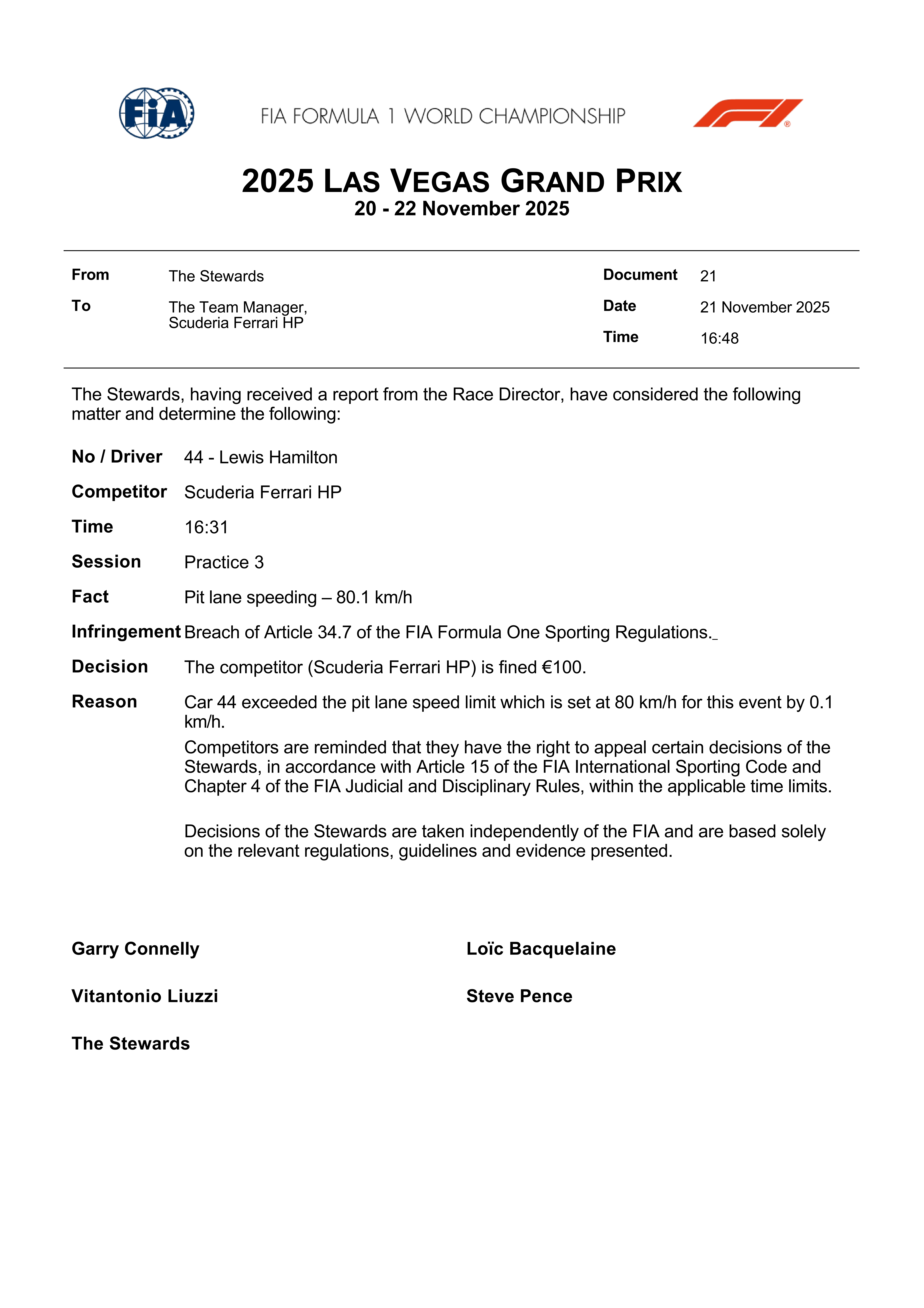 汉密尔顿在三练中因超速0.1km/h，被罚款100欧元按照F1运动规则，练习赛中
