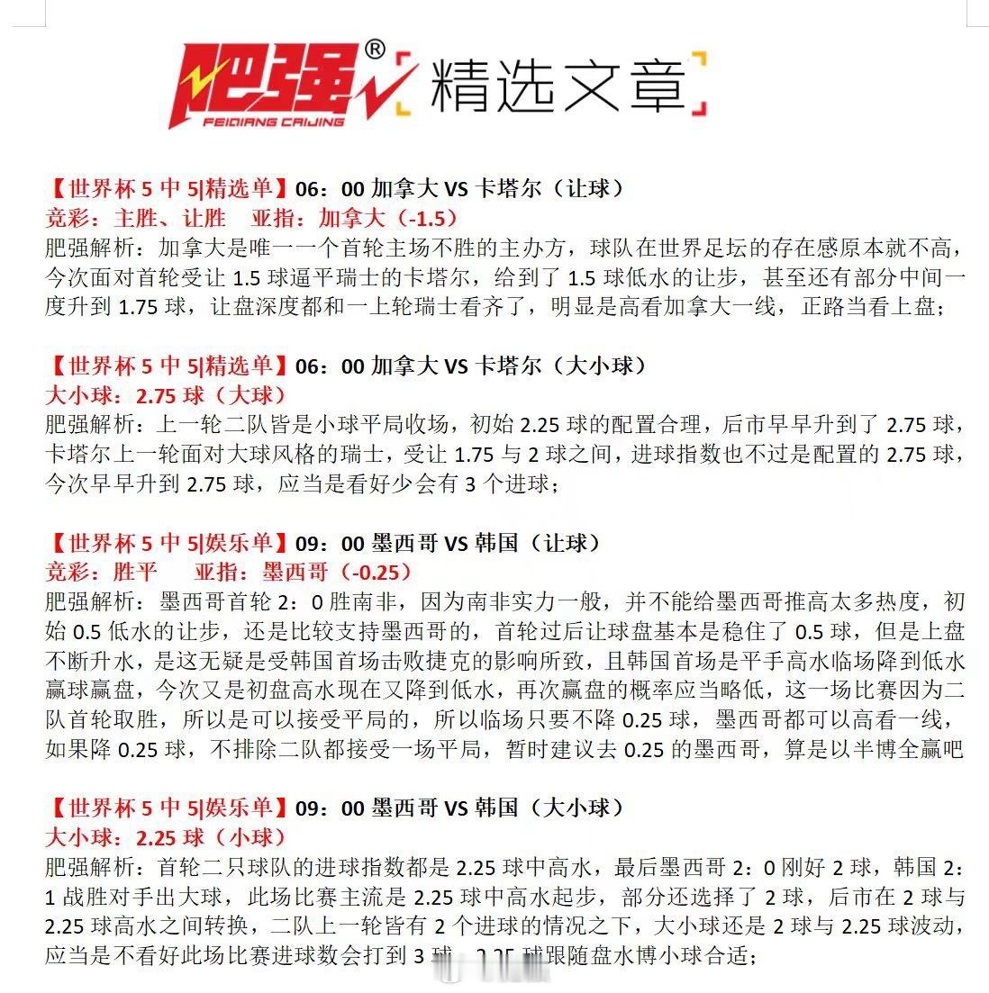 【肥强世界杯专栏】持续精准预测，连续三天12个比赛方向全部命中！私房菜已14连红
