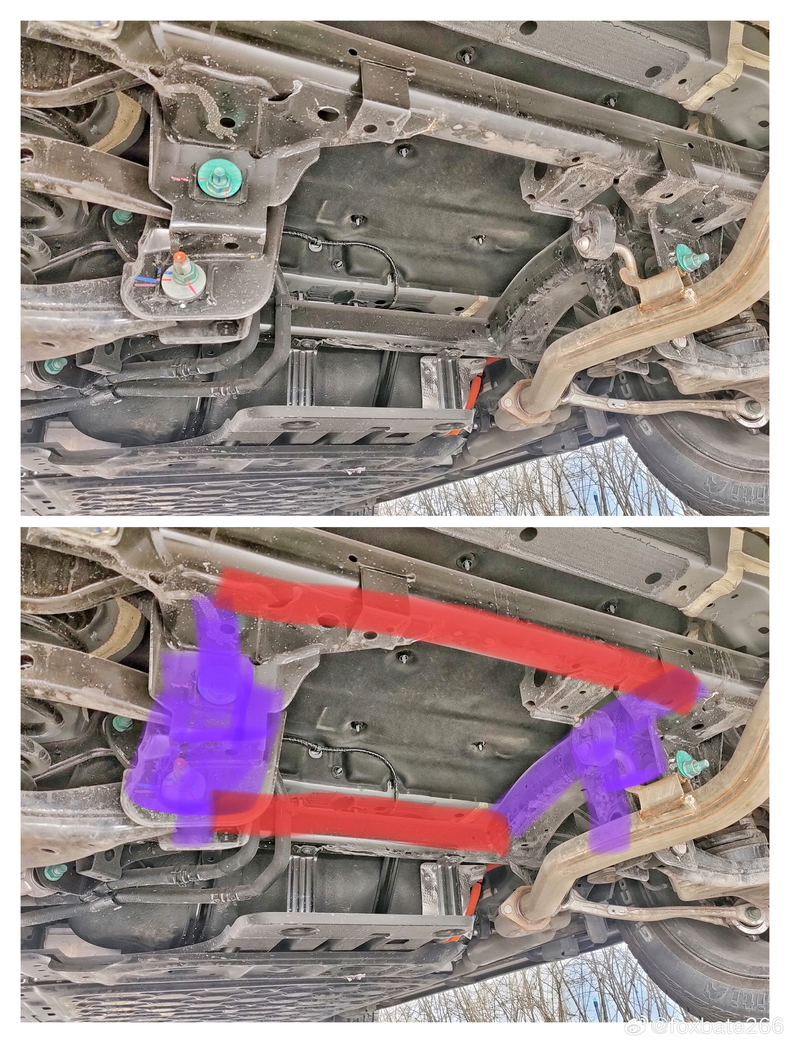 方程豹钛7的“门式”后副车架。与911，488这种相比，“悬臂”长度还是短得多。