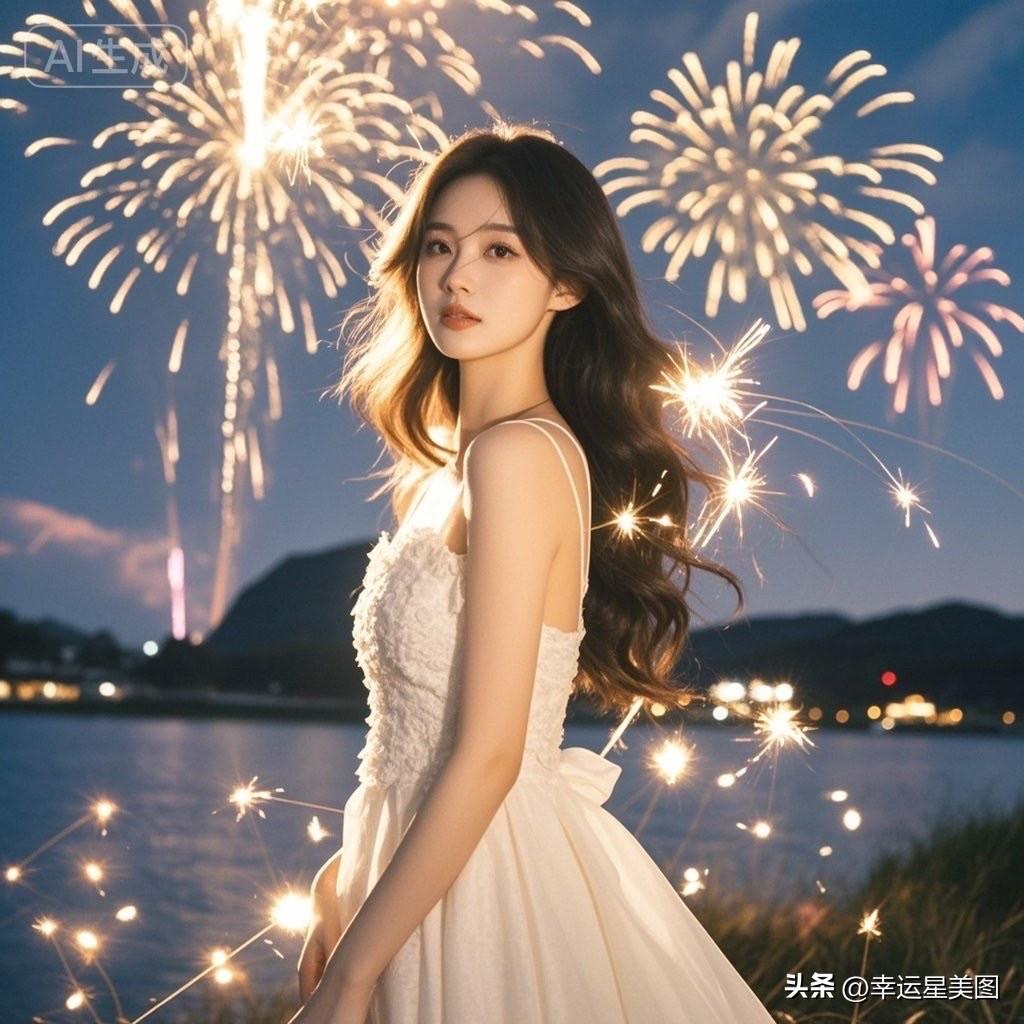 夜空烟火下的浪漫时光，仙女般的美人儿