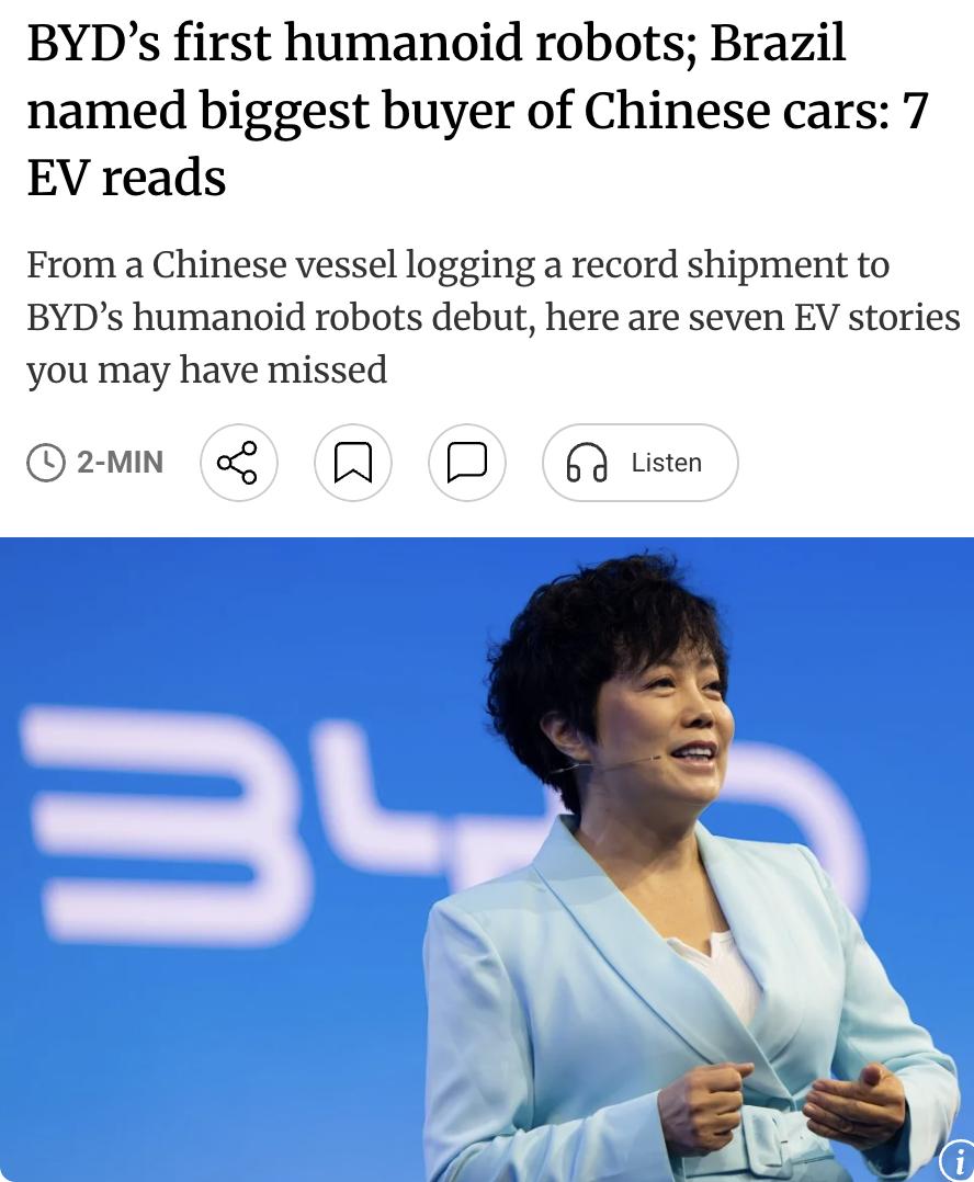 外媒：比亚迪计划8月发布首款人形机器人，加速布局具身智能市场以对抗特斯拉；

巴