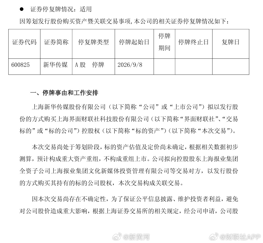 【新华传媒：筹划发行股份购买界面财联社控股权 股票停牌】财联社9月7日电，新华传