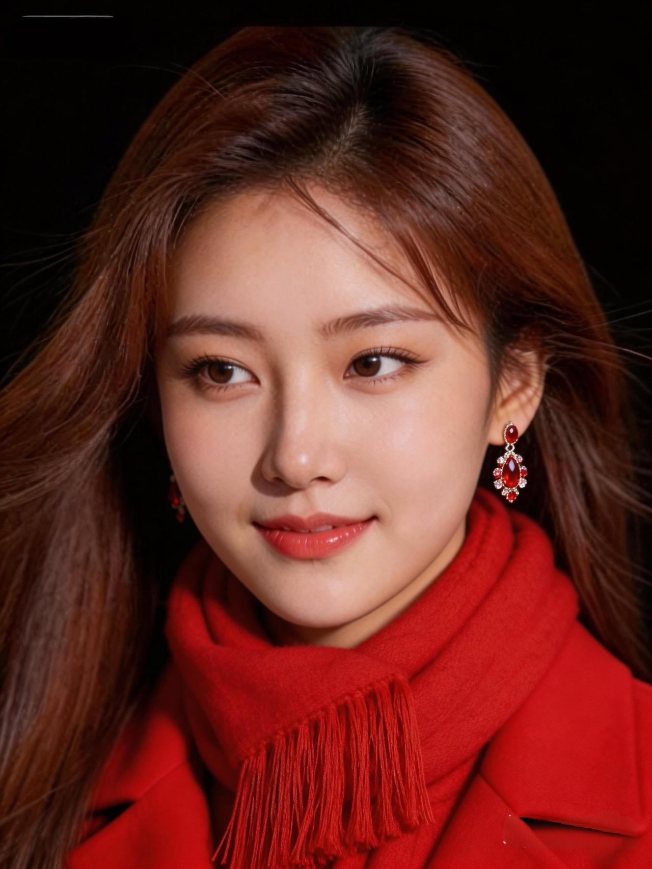 这姑娘穿着红色外套，配着红色围巾，好漂亮啊！