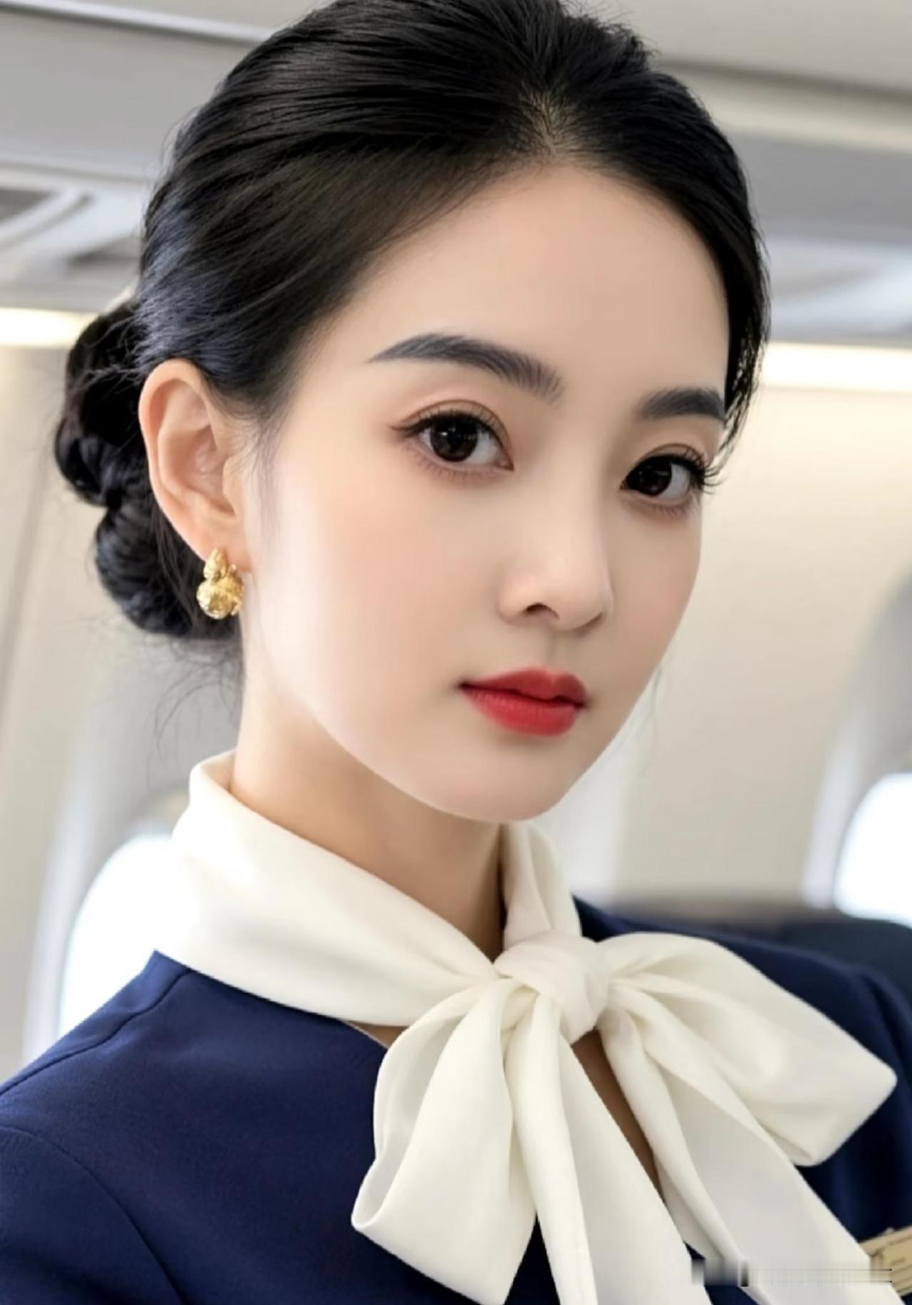 浣溪沙·空乘佳人
 
云舱凝眸鬓挽鸦，素巾蝴蝶结轻斜。金环明丽衬芳华。
浅笑常随