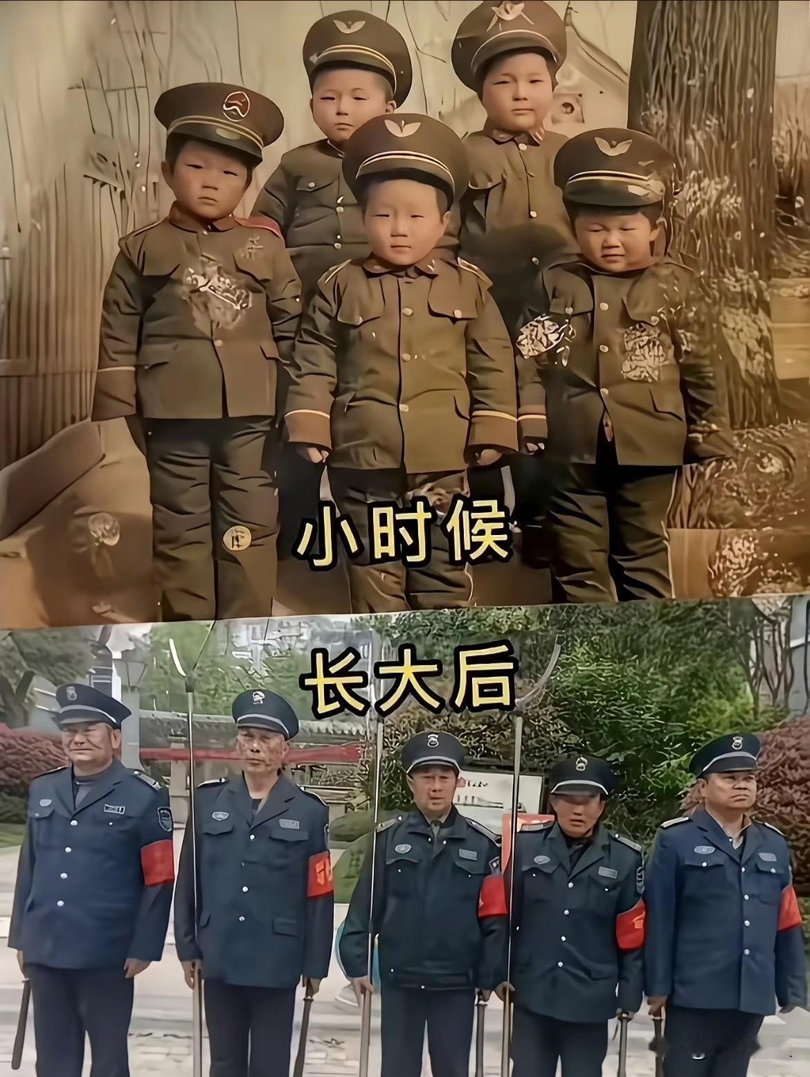 这几组对比图把普通人的人生轨迹拍得又好笑又戳心。小时候满是憧憬，一身小军装意气风