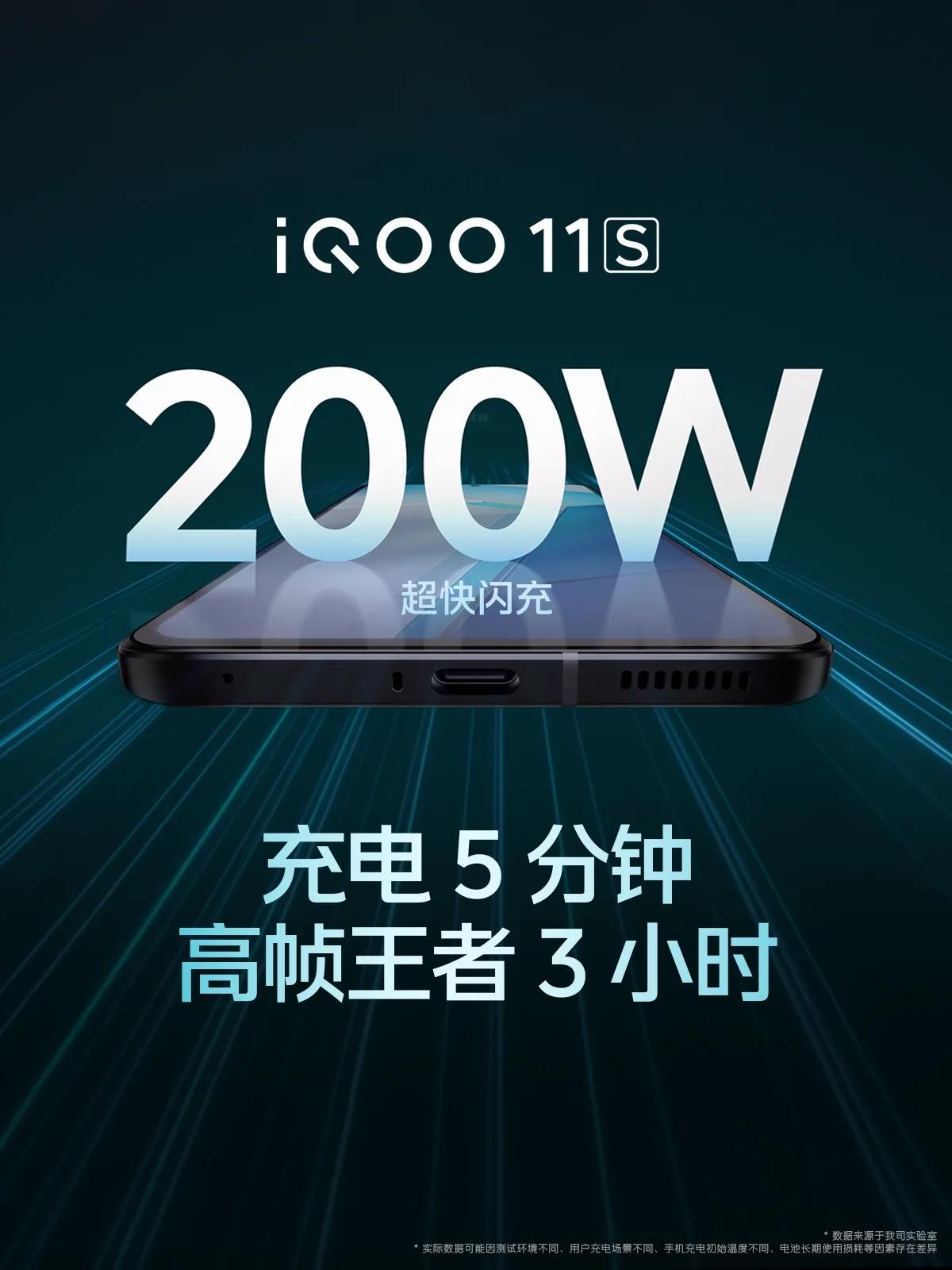 iQOO 11S采用200W超快闪充+4700mAh组合，充电5分钟可支持高帧王