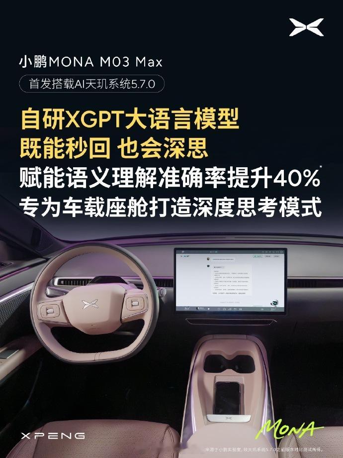 在小鹏 MONA M03 Max上搭载首发的天玑系统5.7.0，该系统新增超30
