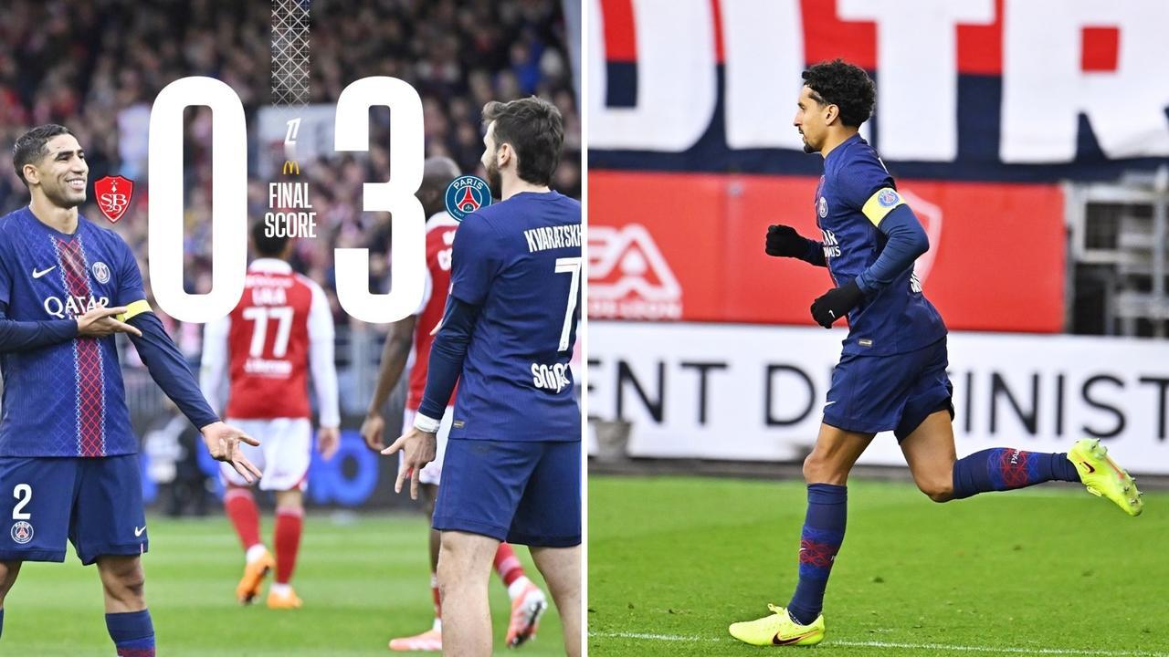 法甲：巴黎圣日耳曼客场3-0大胜布雷斯特，重回榜首。
阿什拉夫双响，维蒂尼亚与K