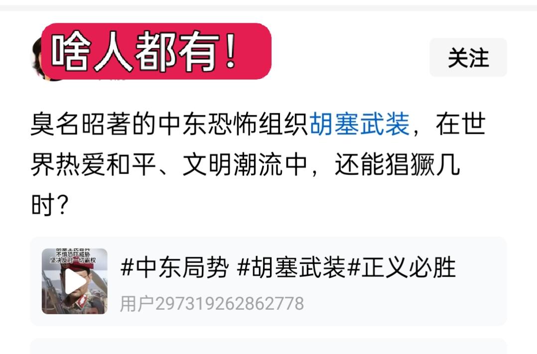 居然有人说胡塞武装是臭名昭著的恐怖组织，真的是林子大了什么鸟都有，颠倒黑白是非不