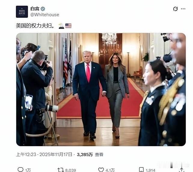 白宫官号昨天发布特朗普夫妇合影，盛赞其为“美国权势夫妇”[抠鼻]
然后美国网友疯