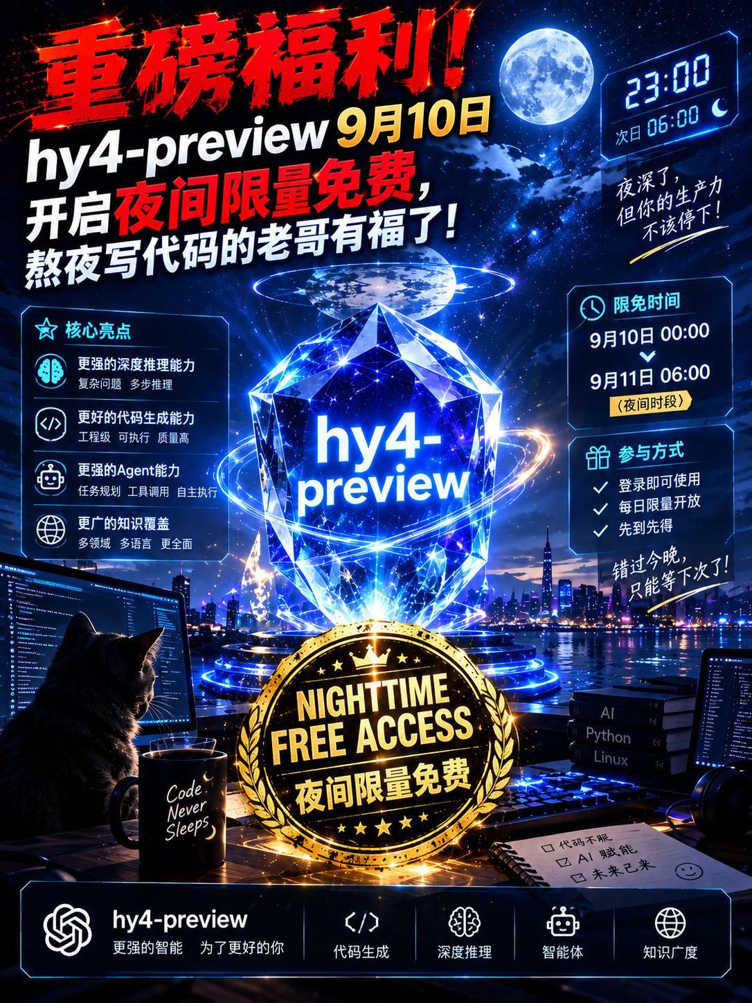 hy4-preview 官宣 9·10 起夜间免费限时抢1. 夜间时段“算力大放