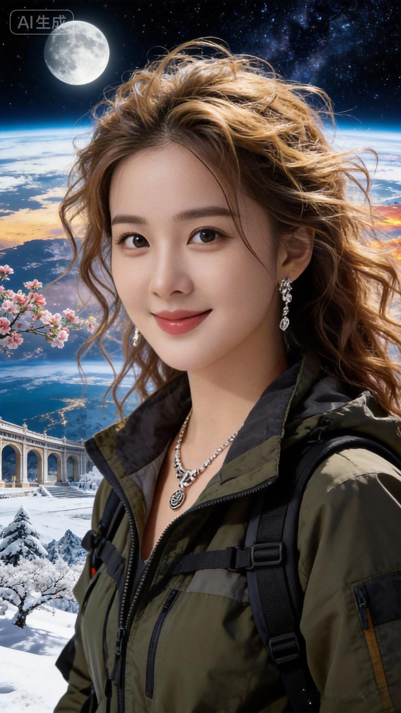 女主角金棕色卷发凌乱飘逸，户外服穿行浩瀚地貌霸气冒险。湛蓝天空下，月照回廊、雪覆