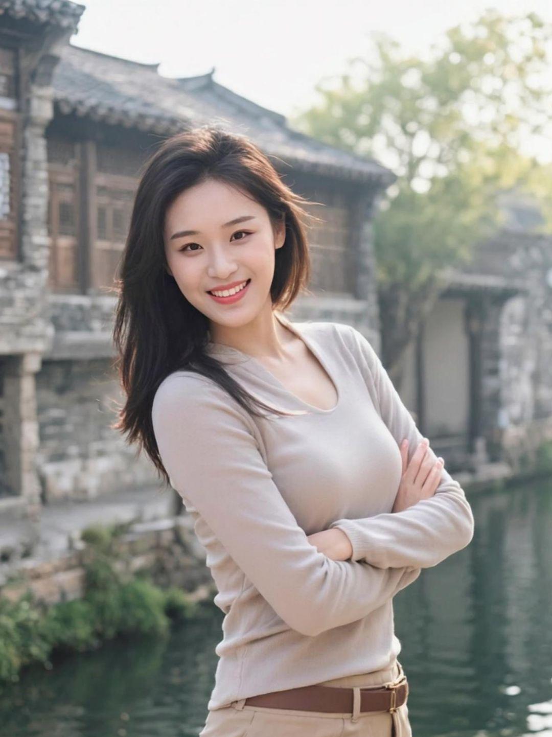 在古色古香的街巷里，阳光透过树叶洒下斑驳的光影，仿佛时间在这里放慢了脚步。她的笑