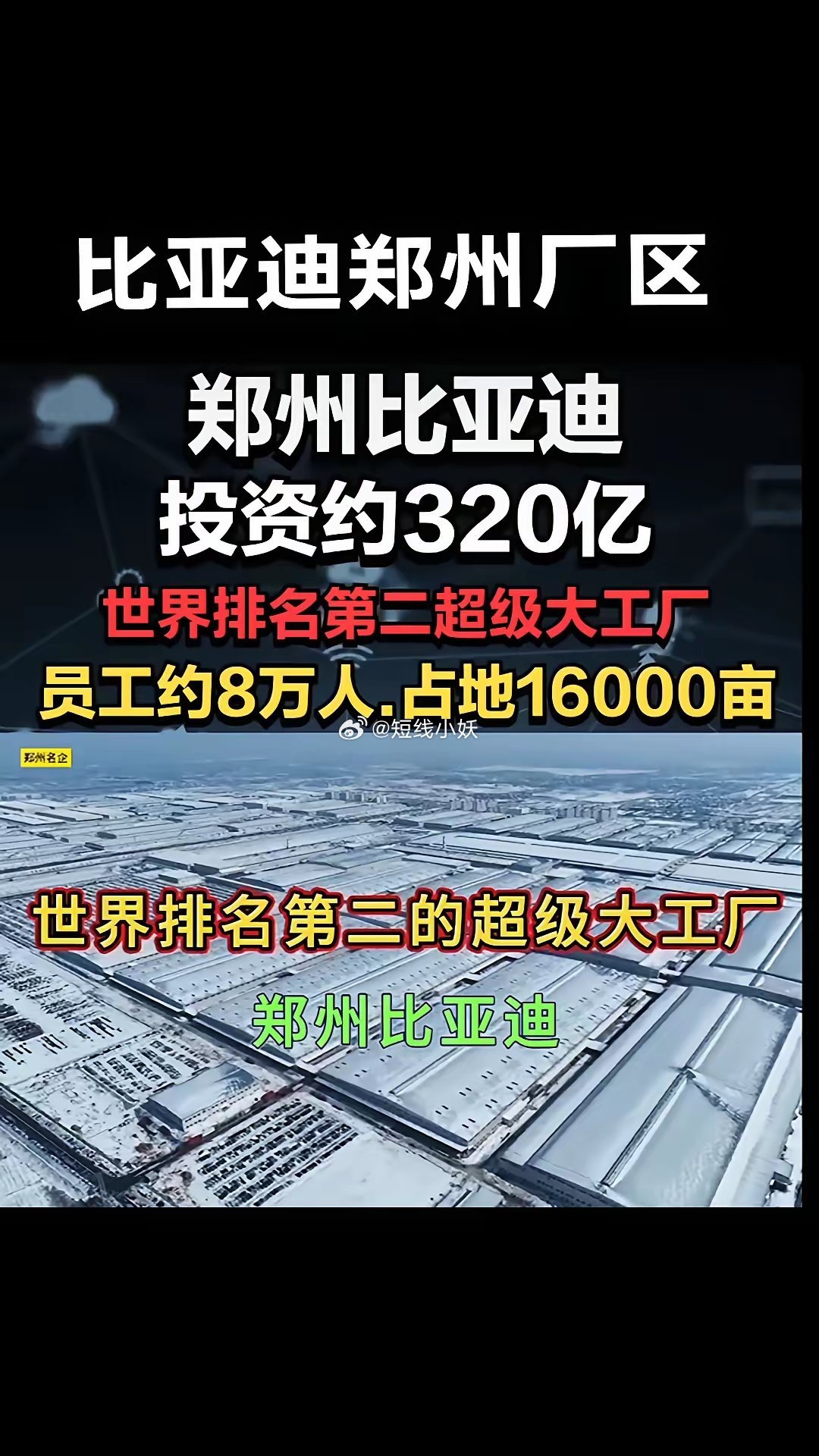 比亚迪郑州厂区，郑州比亚迪投资约320亿，世界排名第二超级大工厂，员工约8万人，