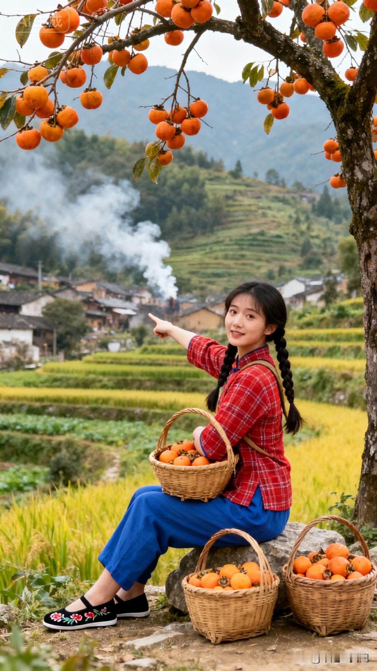 乡村风景美如画，女孩坐在树下。