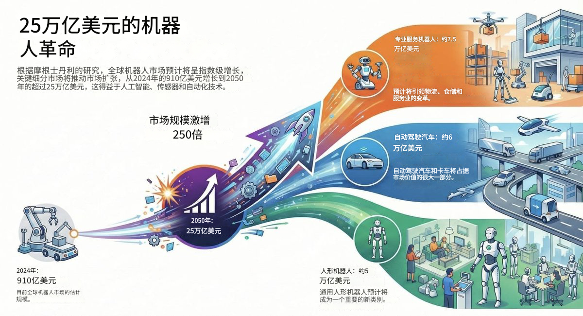 摩根士丹利又来吹嘘机器人了？1、市场规模：2025 年 910 亿美元 → 20