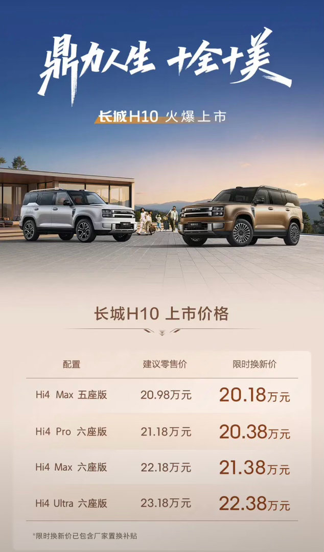 【长城H10正式上市 限时换新价20.18万元起】8月5日，长城H10正式上市，