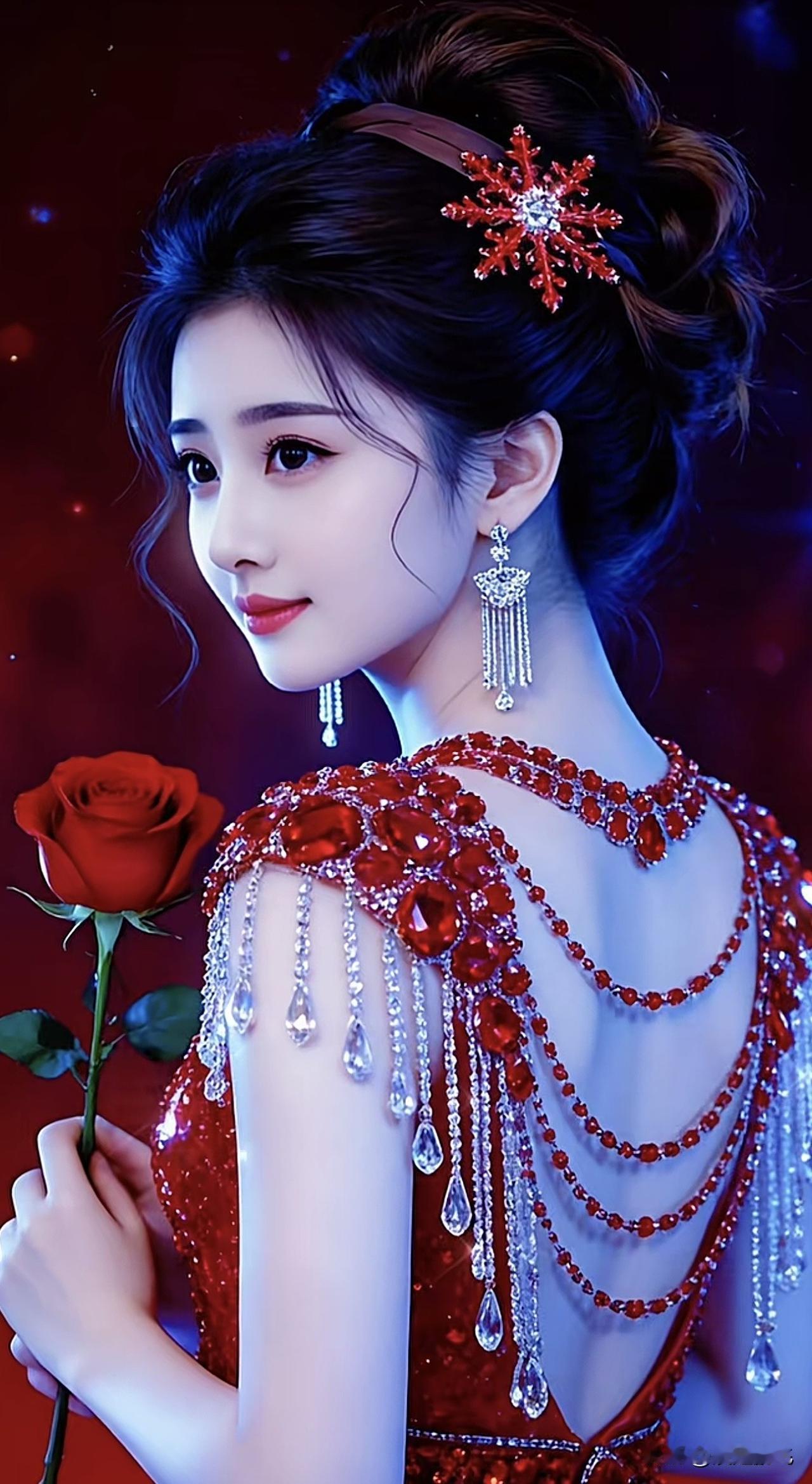 红衣美人，手捧玫瑰，宛如画中仙。玫瑰红裙少女 红衣温柔少女 红衣女拍照 红衣温柔