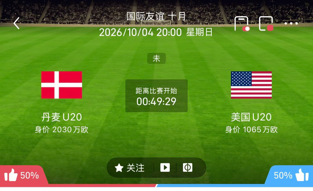 丹麦U20vs美国U20国际友谊赛方向主胜• 丹麦U20（主）：全队身价2030