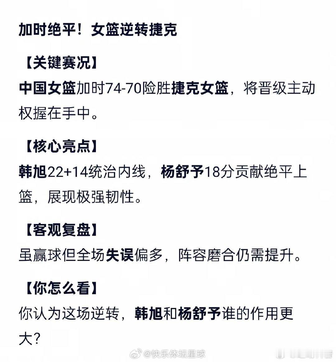 加时绝平！中国女篮74-70险胜捷克女篮，将晋级主动权握在手中。 中国女篮战胜捷