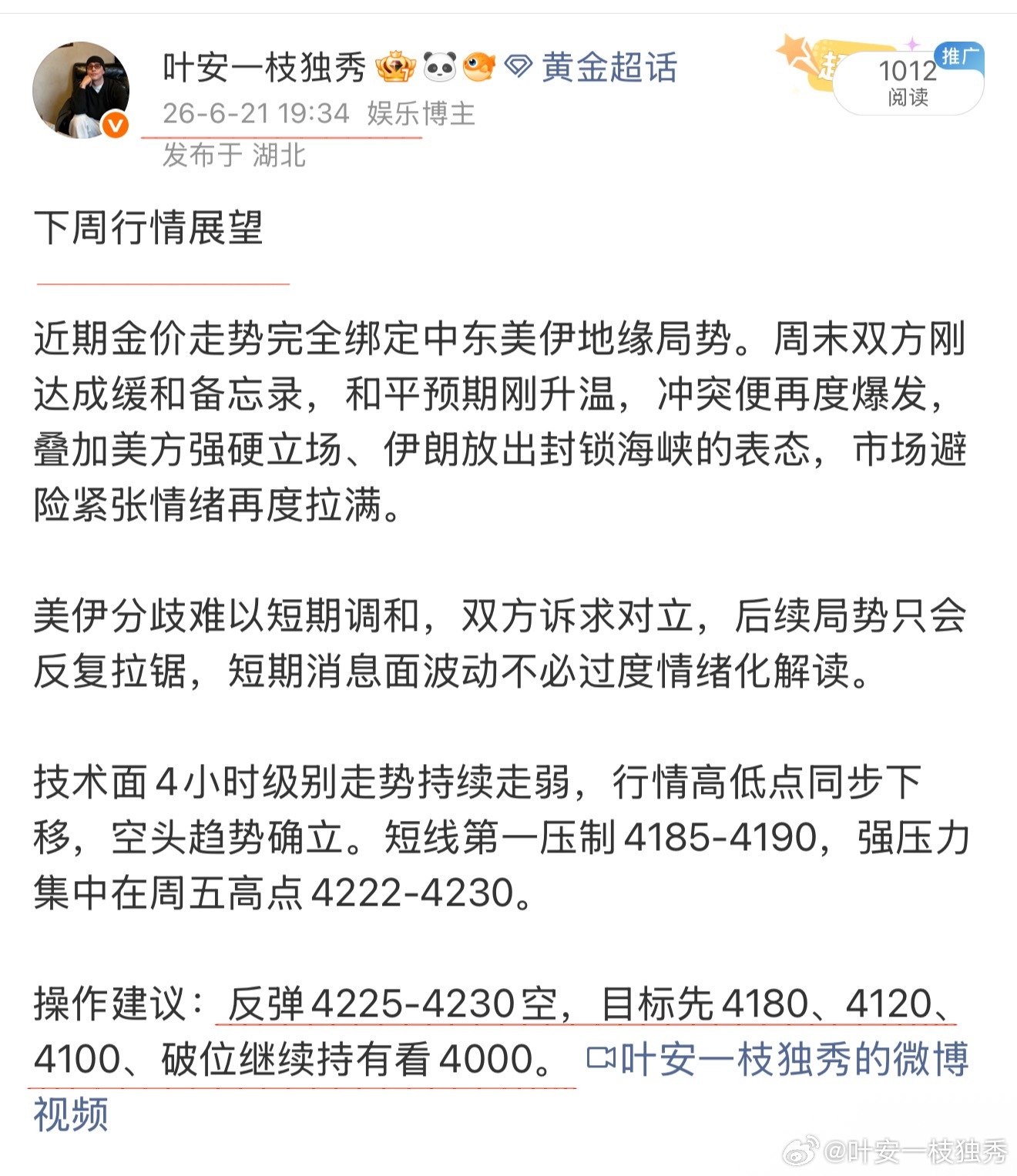 提前布局空头逻辑完美落地！预判4220上方强压承压回落，反弹4225-4230分