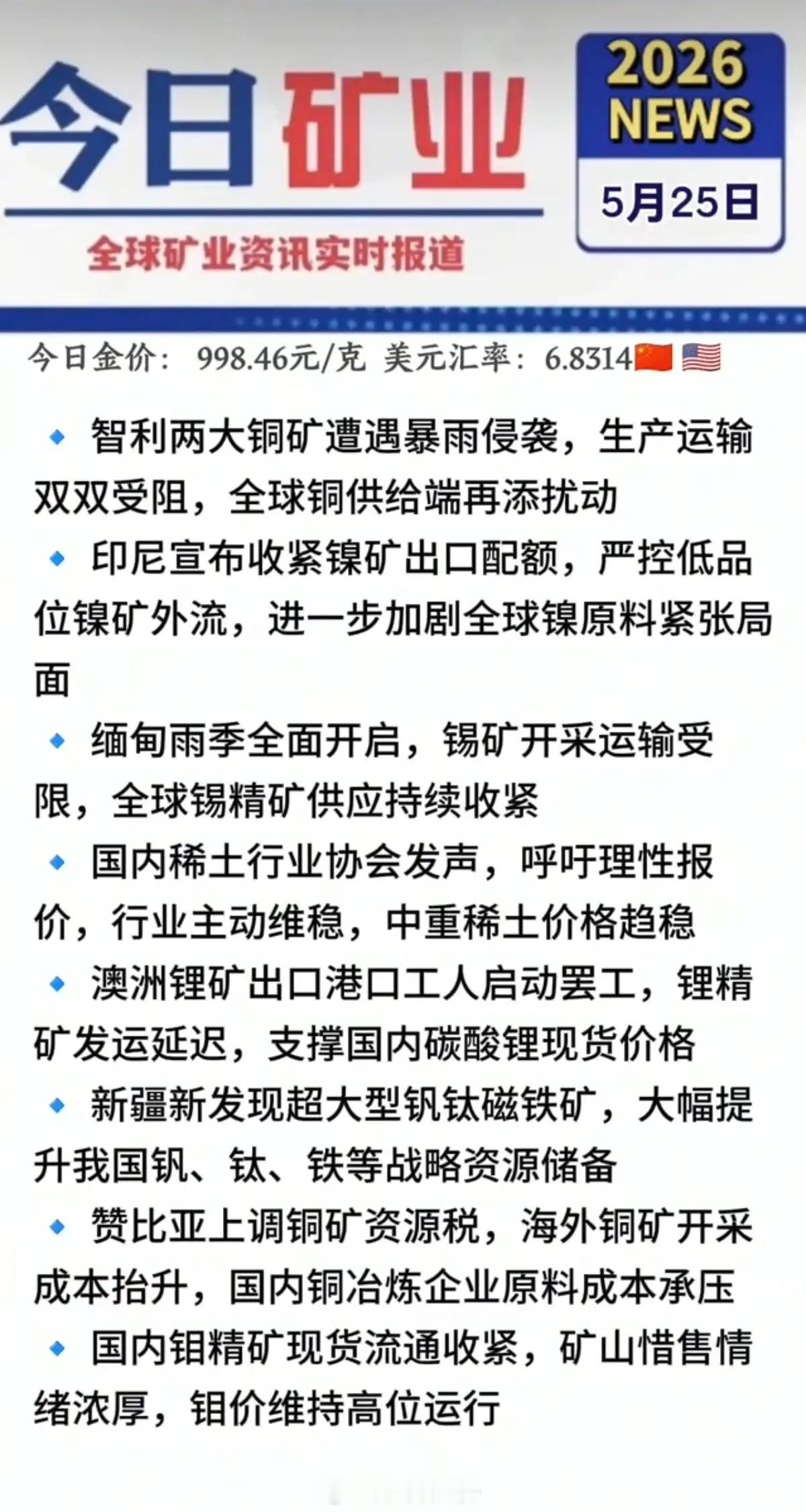 5.25周一  最新：有色金属+矿业新闻！1.澳洲锂矿，港口罢工2.智利2大铜矿