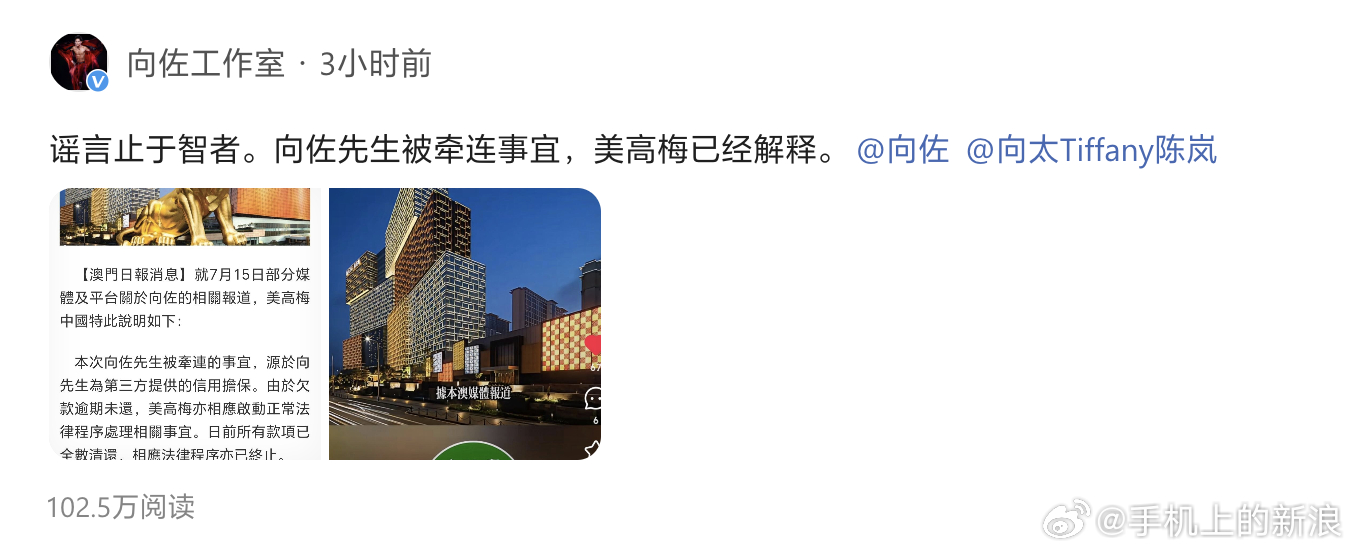 【工作室回应向佐欠赌债传闻】向佐工作室回应向佐工作室：谣言止于智者。向佐先生被牵