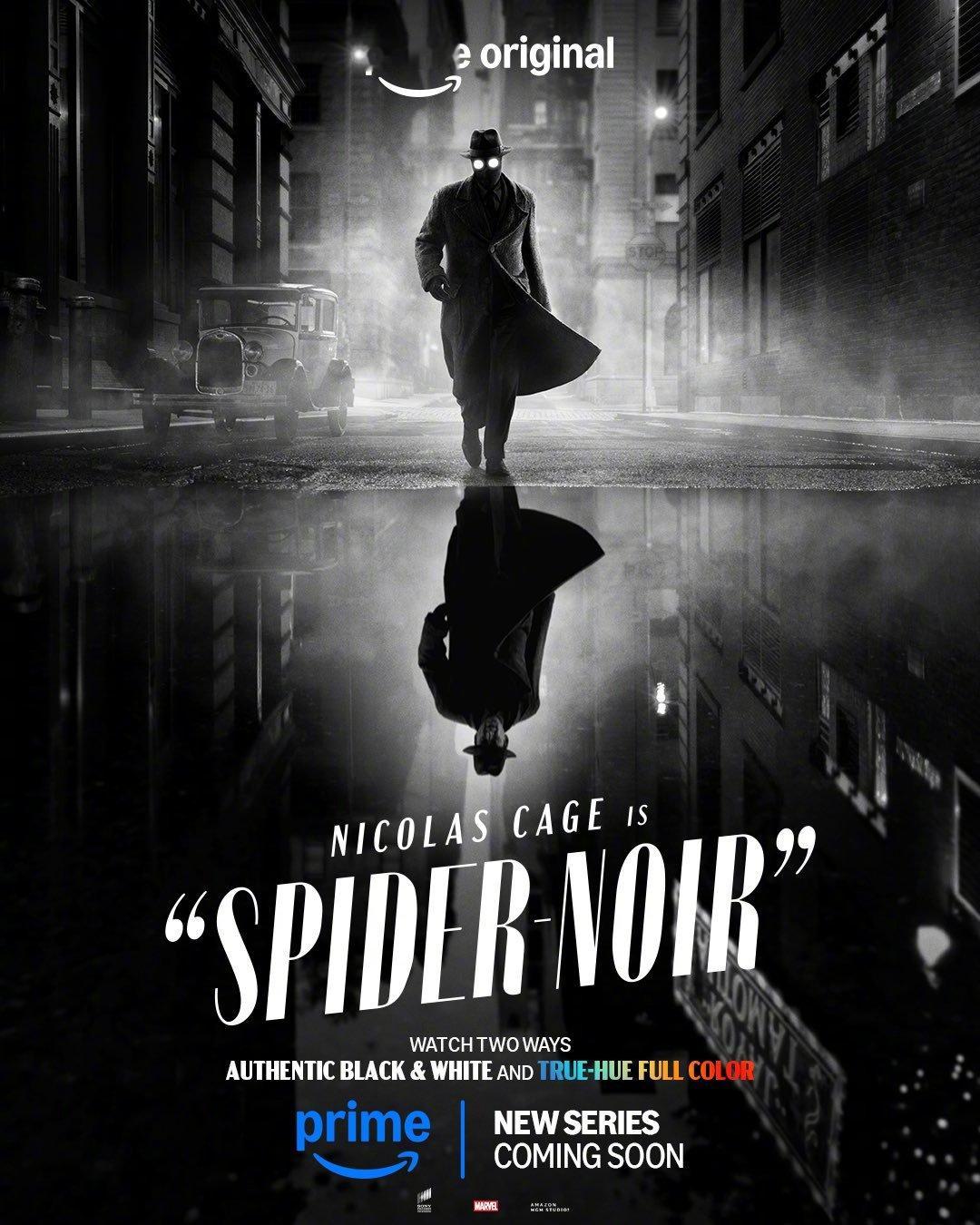 尼古拉斯·凯奇主演新剧《暗影蜘蛛侠》发布两版海报，黑白版与彩色版，本剧的预告片也