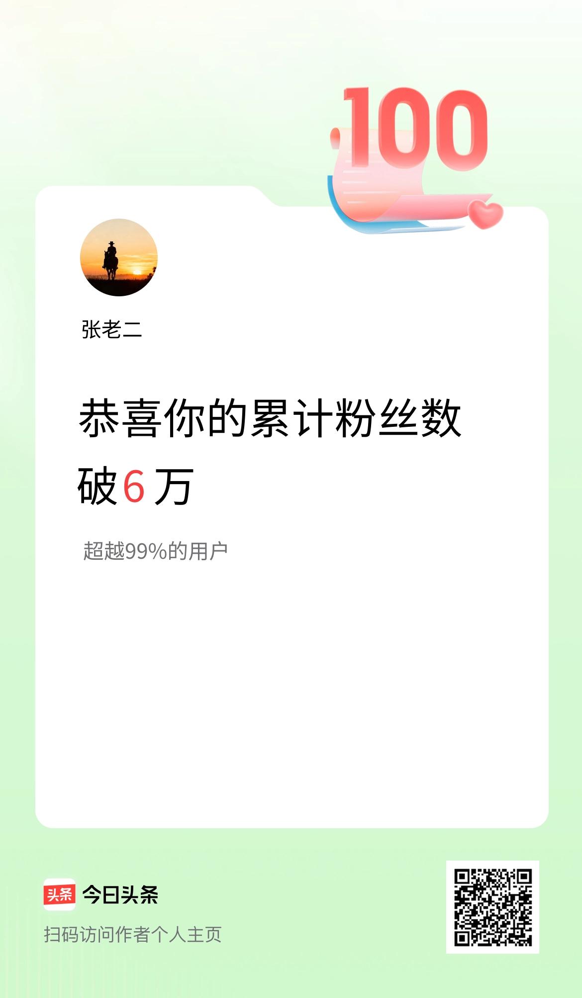 我在头条累计粉丝数破6万啦！
