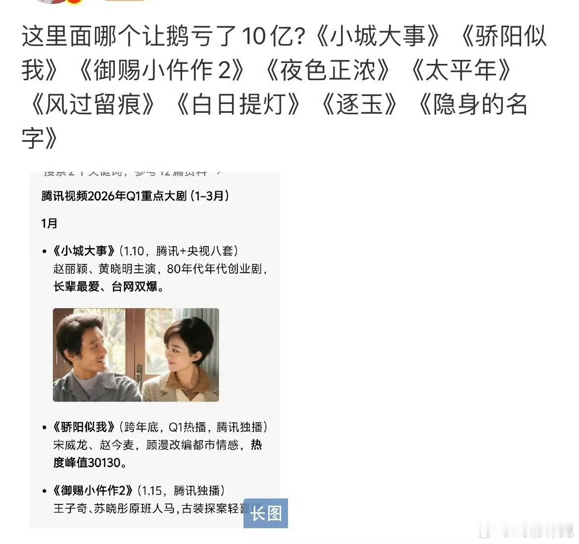 都在说鹅一季度亏了10亿，是哪些剧的锅