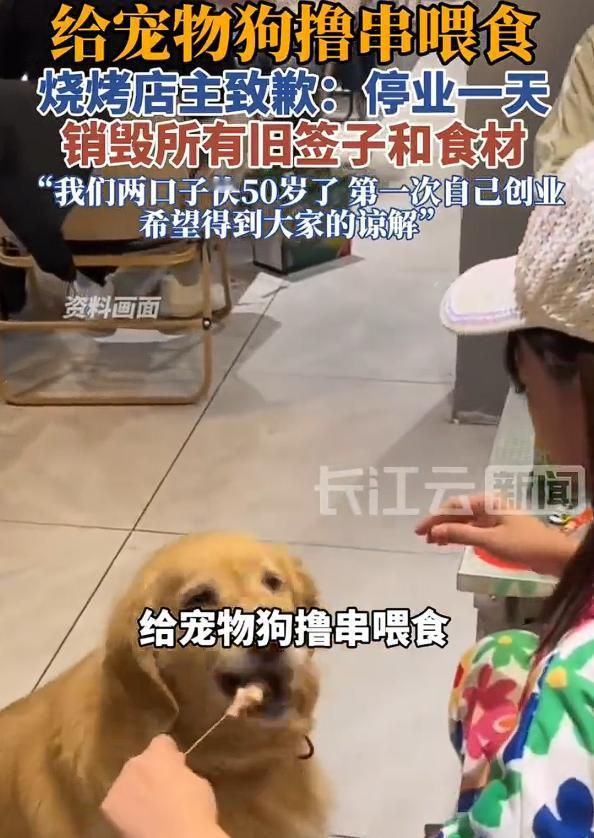 用烧烤签给狗撸串顾客账号已私密，烧烤店称两口子50多岁，第一创业遇到这种事情，希